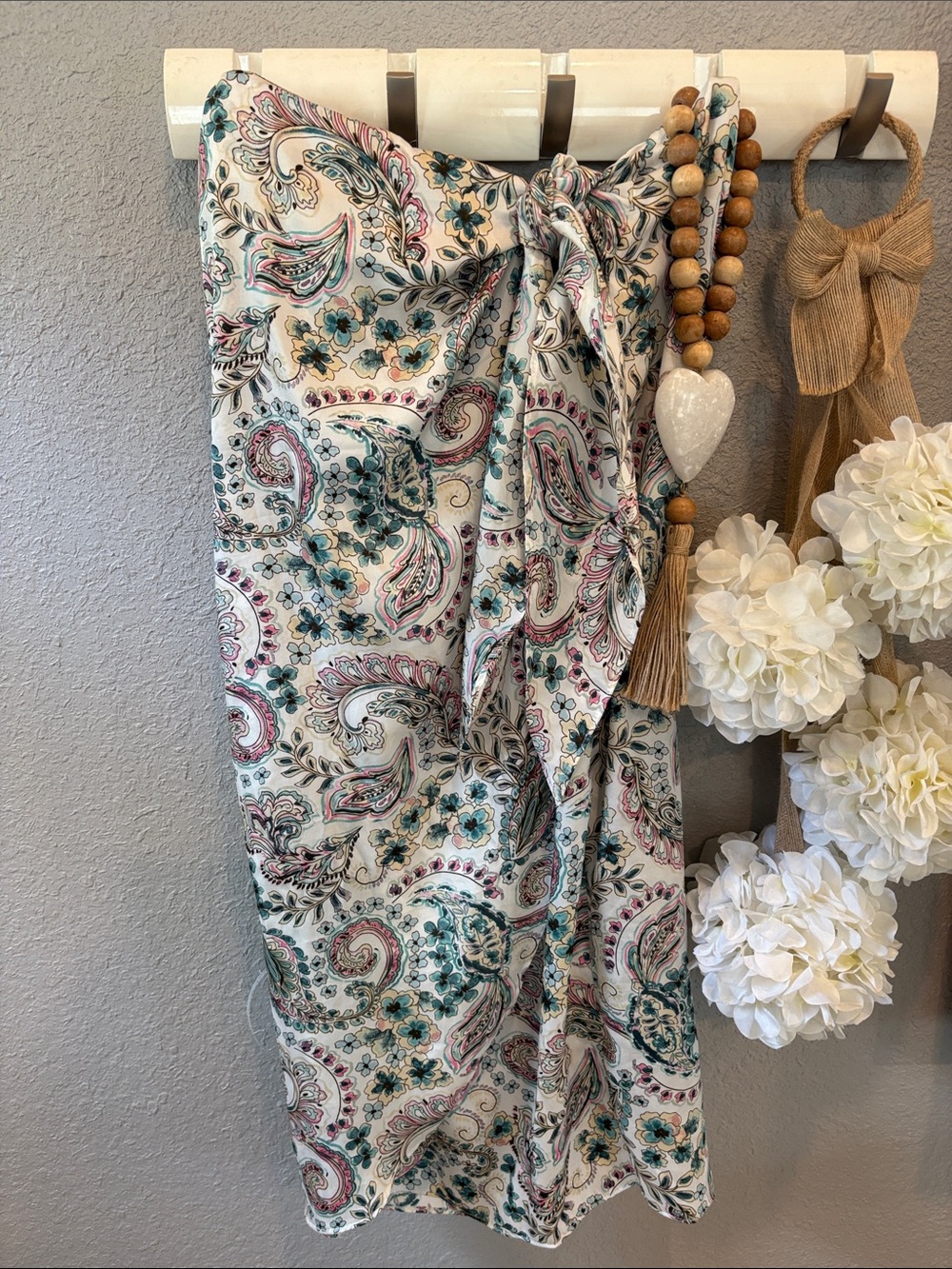 Satin Paisley Floral Tie-Waist Midi Skirt - Cream, Teal & Pink Vince Camuto